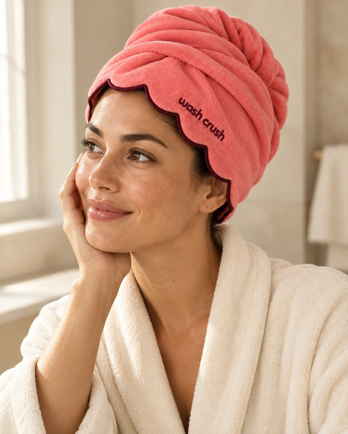 A woman wearing the Guava Wrap Crush hair towel during a quiet moment by the bathroom window